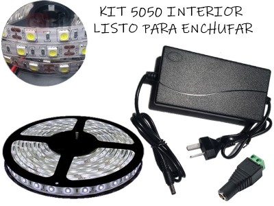 KIT TIRA DE LEDS 5050 300 LEDS X 5 METROS INTERIOR CON FUENTE LISTO PARA ENCHUFAR A 220V BLANCO FRIO