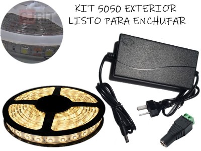 KIT TIRA DE LEDS 5050 300 LEDS X 5 METROS EXTERIOR CON FUENTE LISTO PARA ENCHUFAR A 220V BLANCO CALIDO